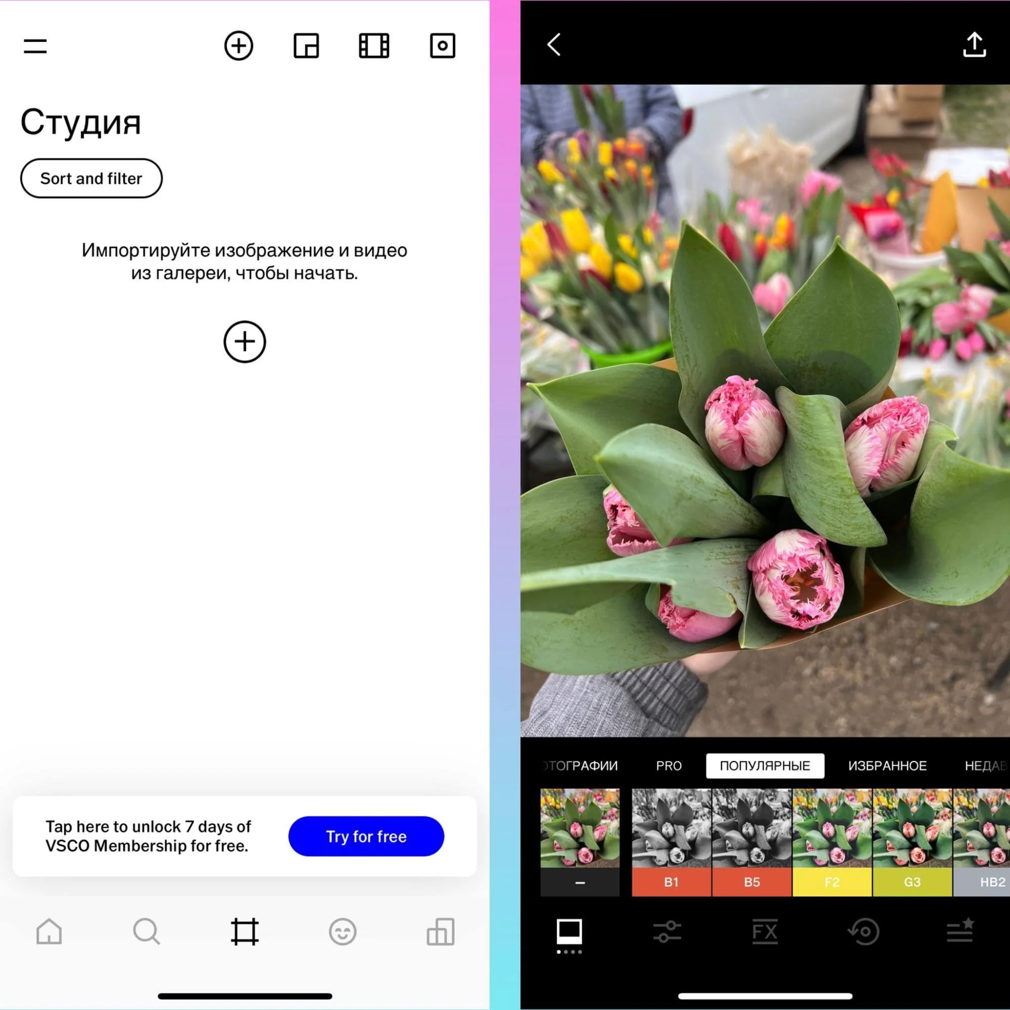 Обработка фото в приложении VSCO