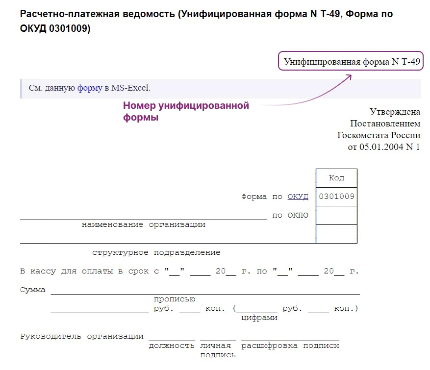 Номер унифицированной формы