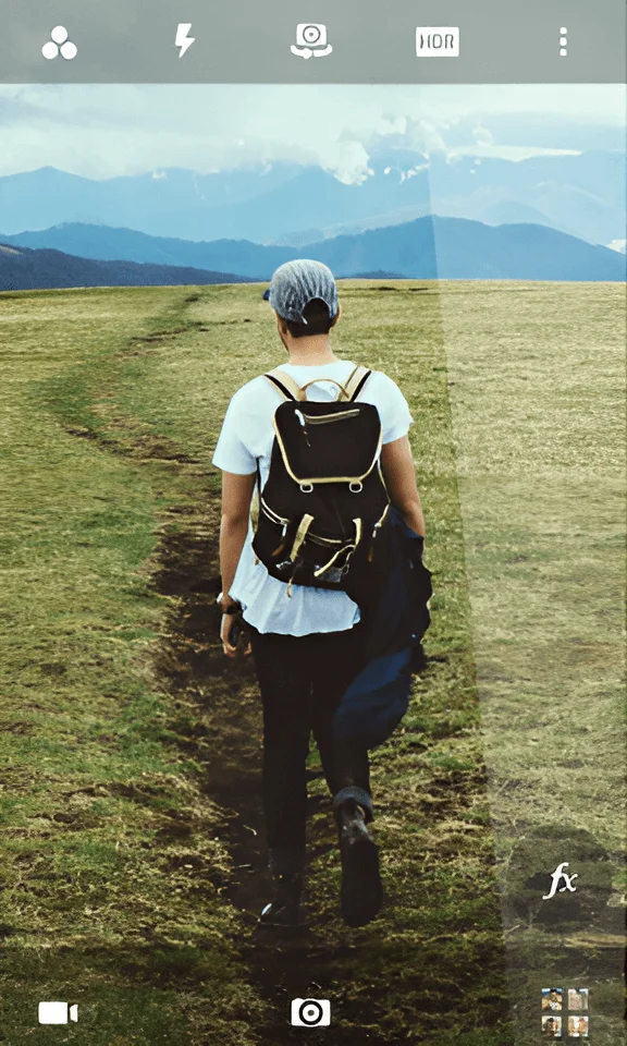 Интерфейс приложения для фото Camera MX, мужчина в горах