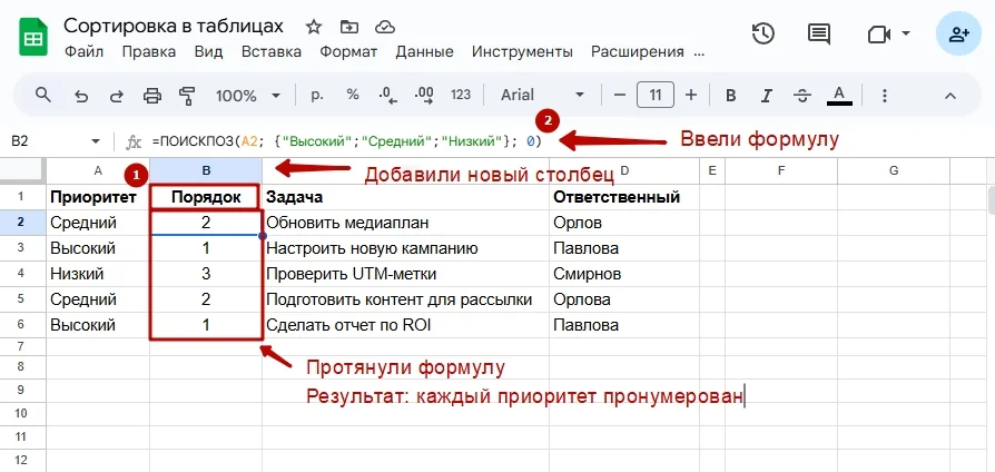 Как сделать свой список сортировки в Google Таблицах