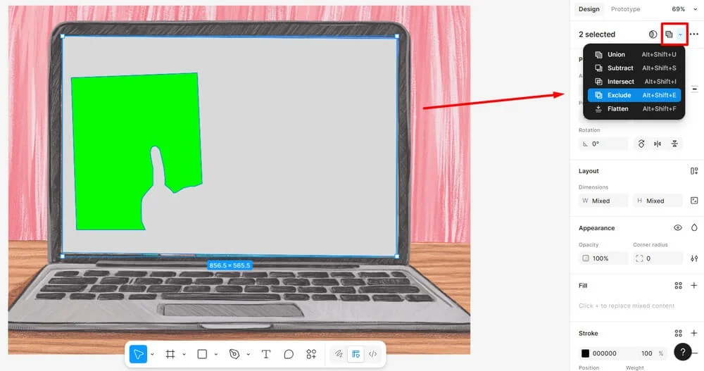 Как исключить одну фигуру из другой с помощью маски