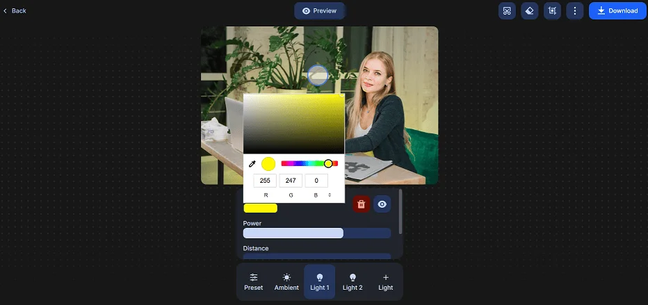 Настройка источников света на снимке с помощью Relight в ClipDrop