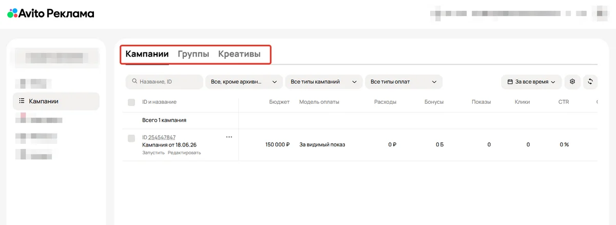 Интерфейс рекламного кабинета Авито Рекламы