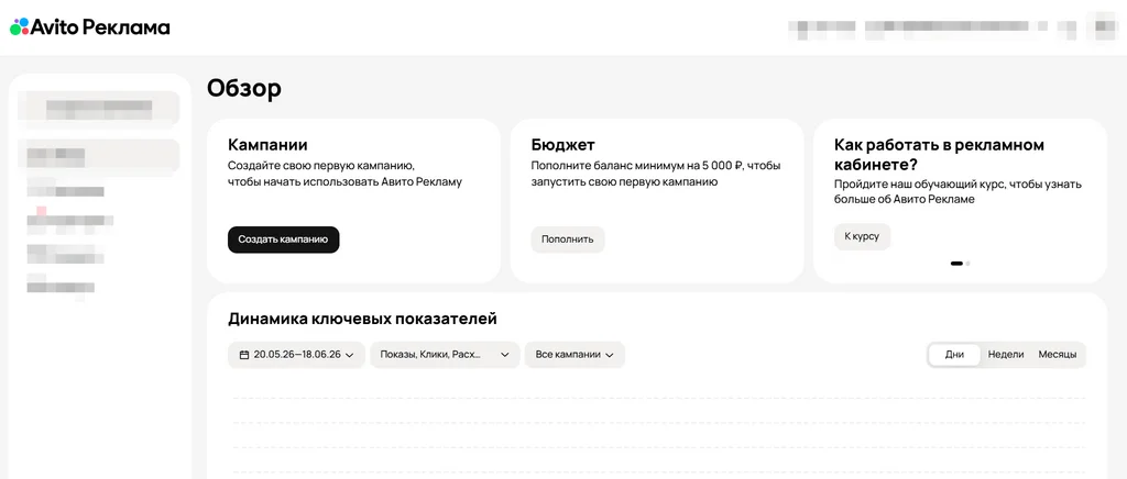 Интерфейс рекламного кабинета Авито Рекламы