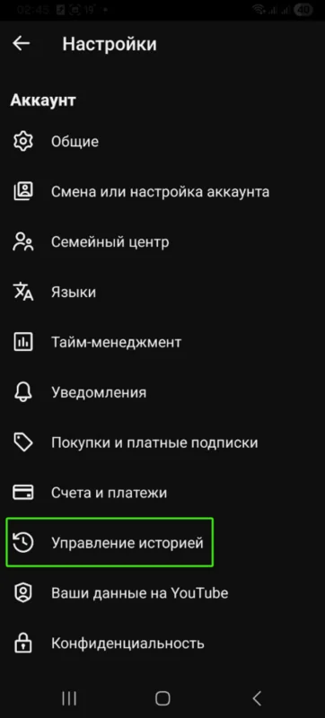 Раздел «Управление историей» в Ютубе
