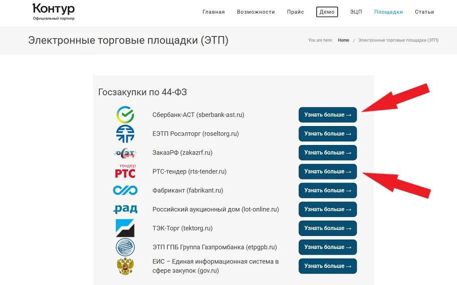 Поиск тендеров в сервисе Контур.Закупки: список площадок, где можно найти закупки по 44-ФЗ