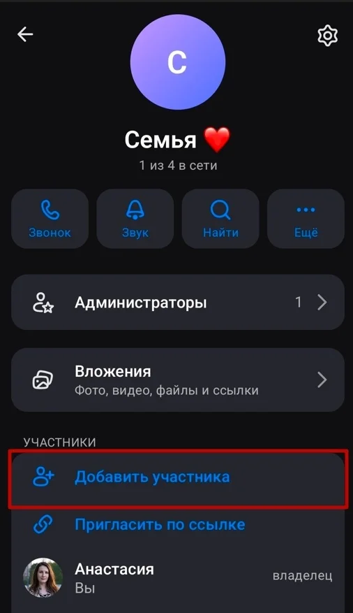Профиль группового чата в Макс с возможностью добавить участника
