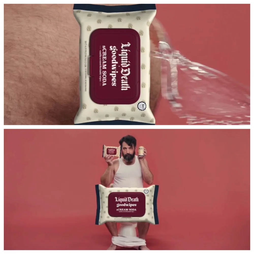 Скриншоты рекламы Liquid Death и Goodwipes