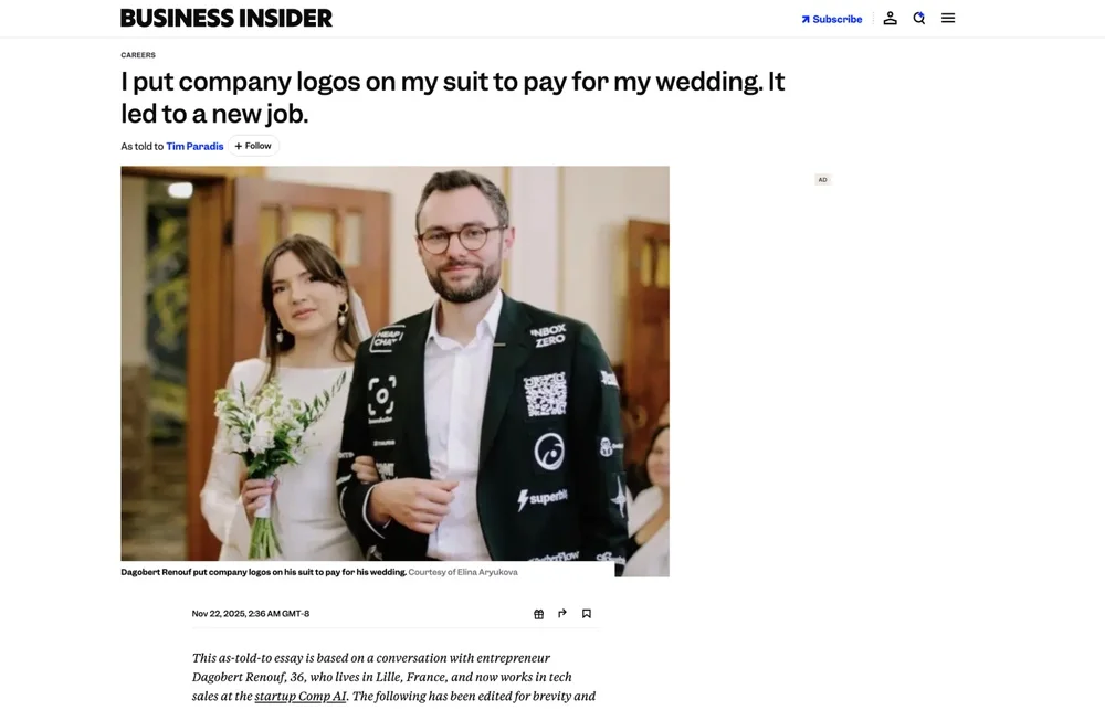 Скриншот статьи Business Insider о предпринимателе Дагобере Ренуфе, который продал места под логотипы спонсоров на своем свадебном пиджаке