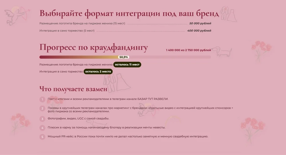 Скриншот сайта прайс-листа с условиями генерального спонсорства и размещения логотипов на пиджаке Артема