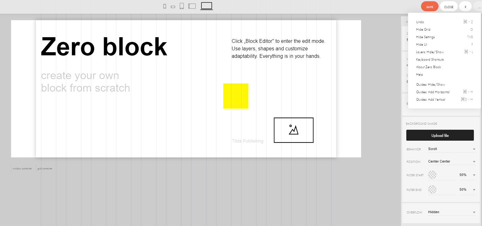 Zero-блок в Tilda. Можно настроить цвета, шрифты и расположение различных элементов на всех устройствах