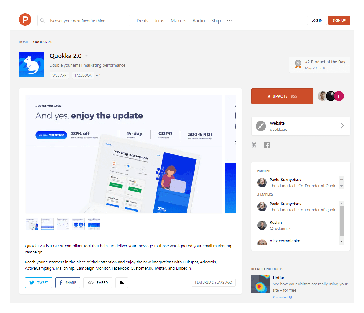 Так выглядит страница продукта на Product Hunt. Ссылка на сайт компании — сразу под кнопкой голосования