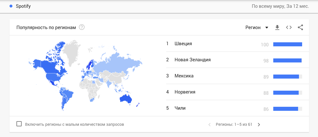 Приложение Spotify чаще спрашивают жители Швеции, Новой Зеландии и Мексики
