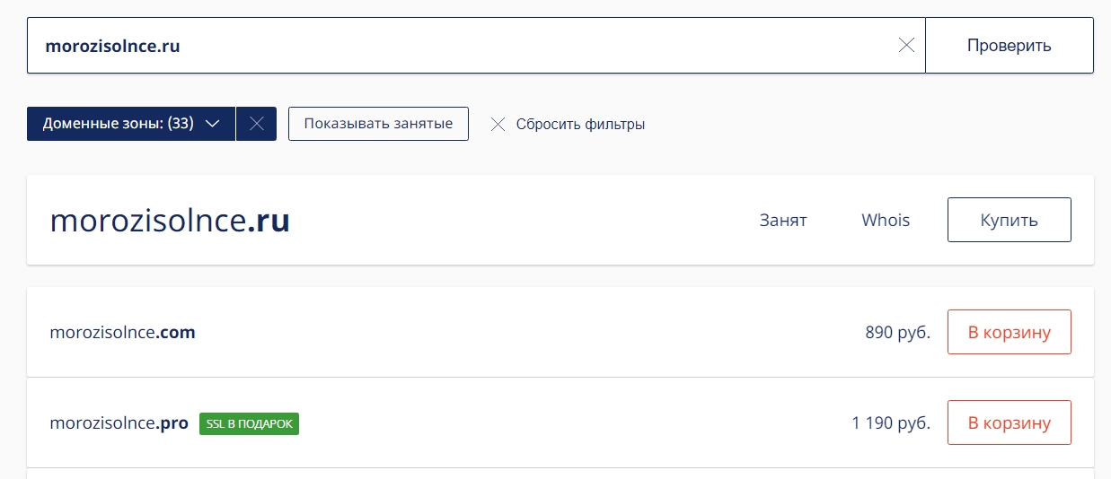 Пример проверки домена в сервисе nic.ru.
