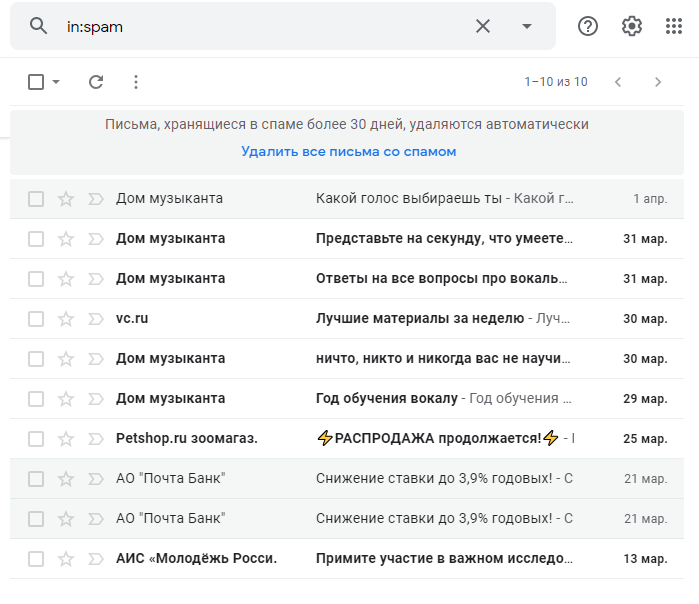 Почему письма в спаме Gmail