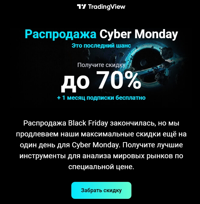 Трейдинговая платформа дает скидку 70% и дарит 1 месяц бесплатной подписки в честь киберпонедельника
