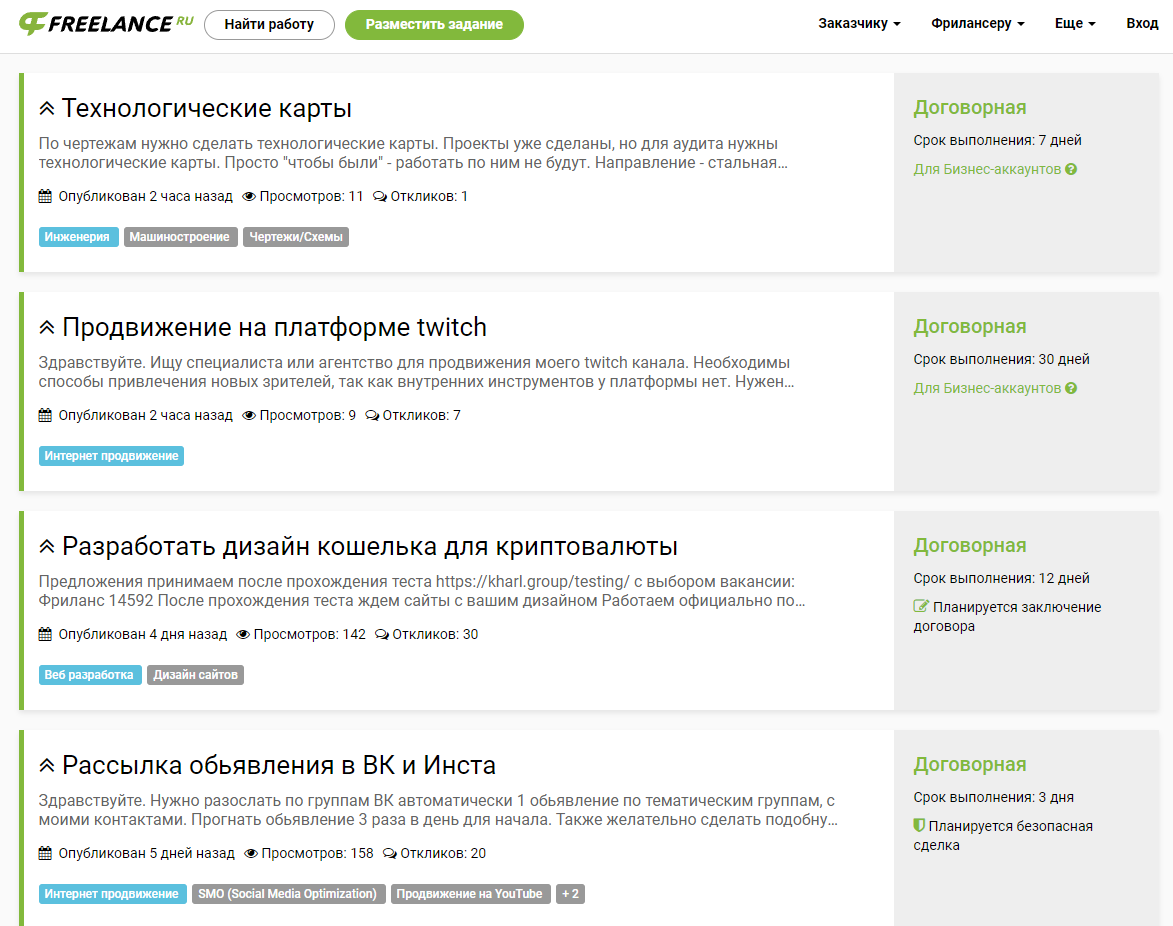 Примеры заказов на freelance.ru