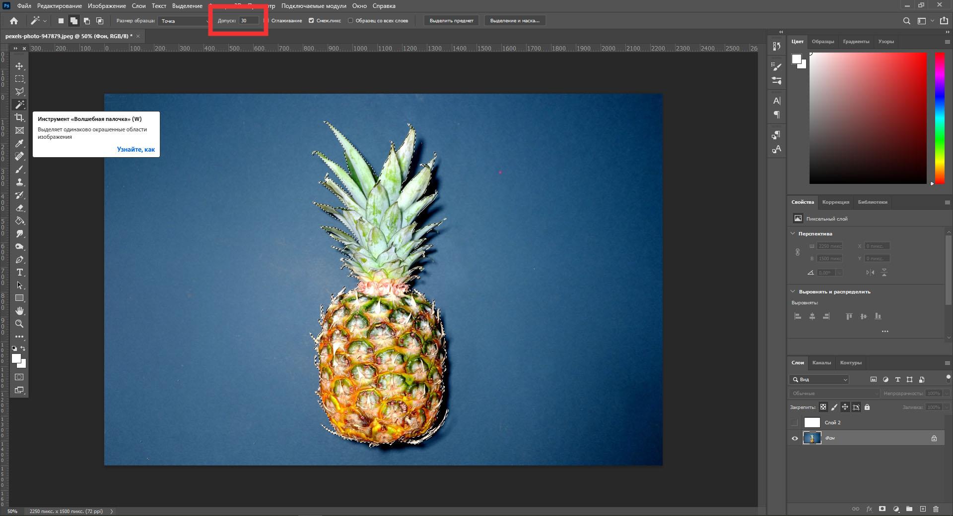 Интерфейс Photoshop, параметр «Допуск» инструмента «Волшебная палочка»