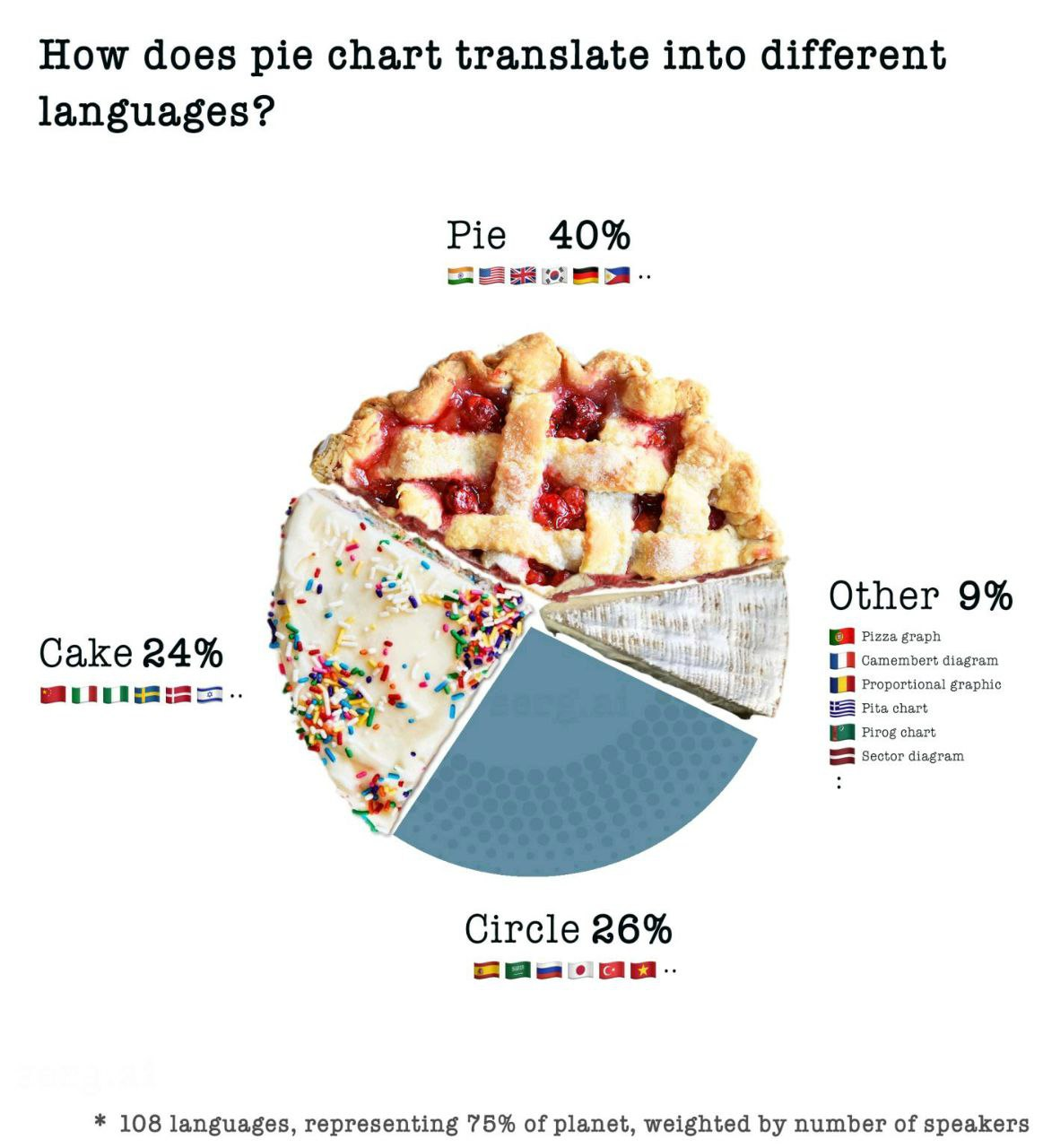 Даже так — пайчарт в виде настоящей еды (Data-comics), который показывает, как pie chart переводится на разные языки
