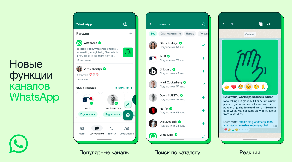 Лента каналов WhatsApp и реакции в них