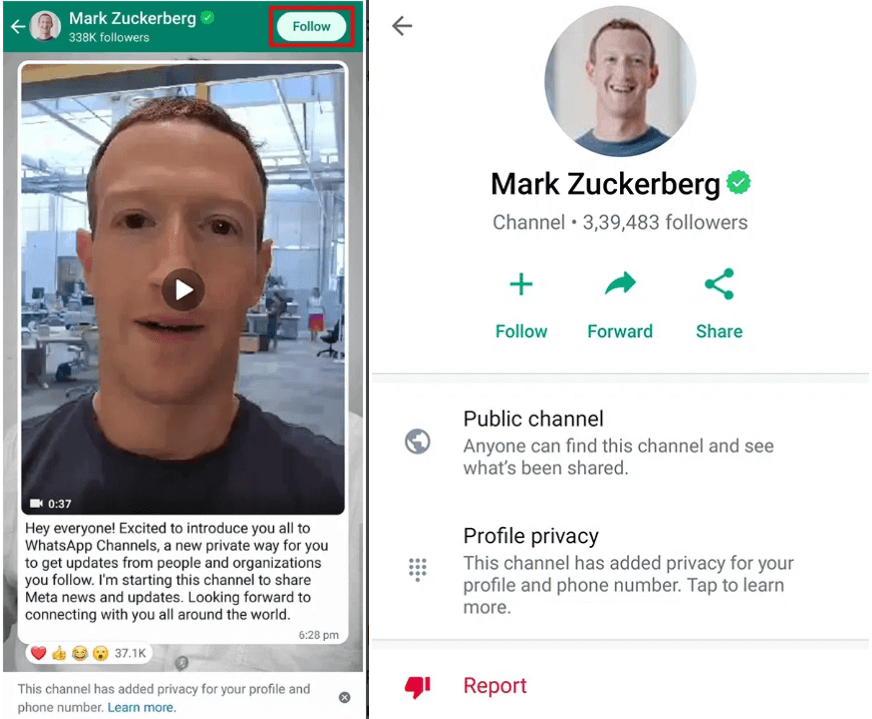 Канал Марка Цукерберга в WhatsApp