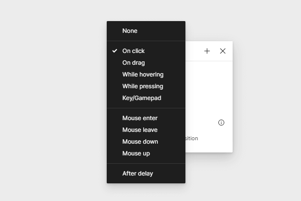 Все варианты триггеров для анимации перехода в Фигме
