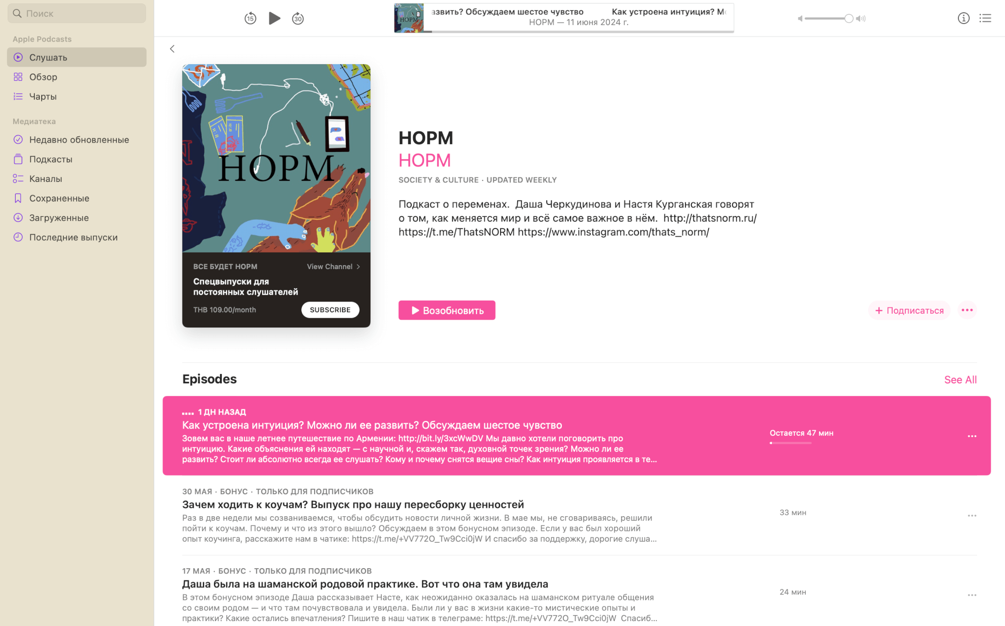 Плеер в приложении Apple Podcasts на MacOS