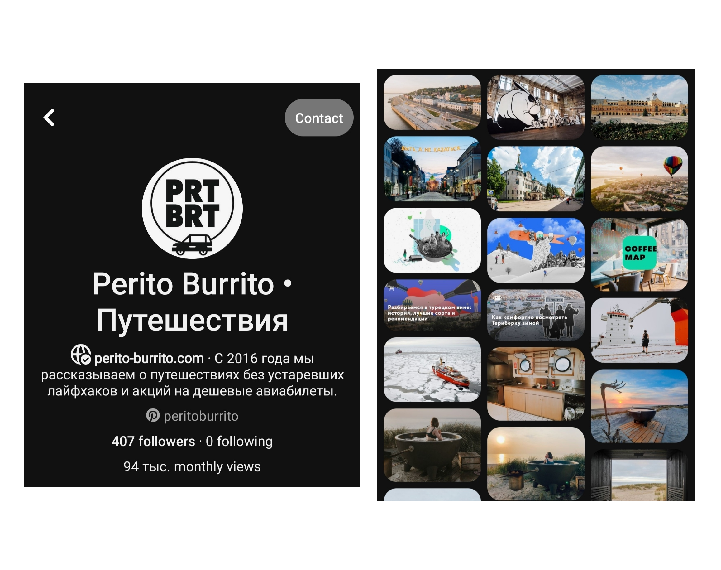 Аккаунт журнала о путешествиях Perito Burrito и примеры пинов