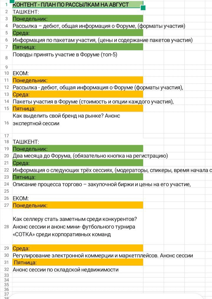 Пример контент-плана рассылок компании Retail Event