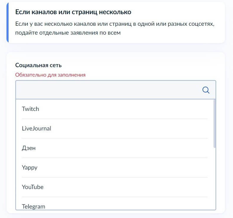 Если страниц или каналов в одной или разных соцсетях несколько, придется заполнить по всем отдельные заявления
