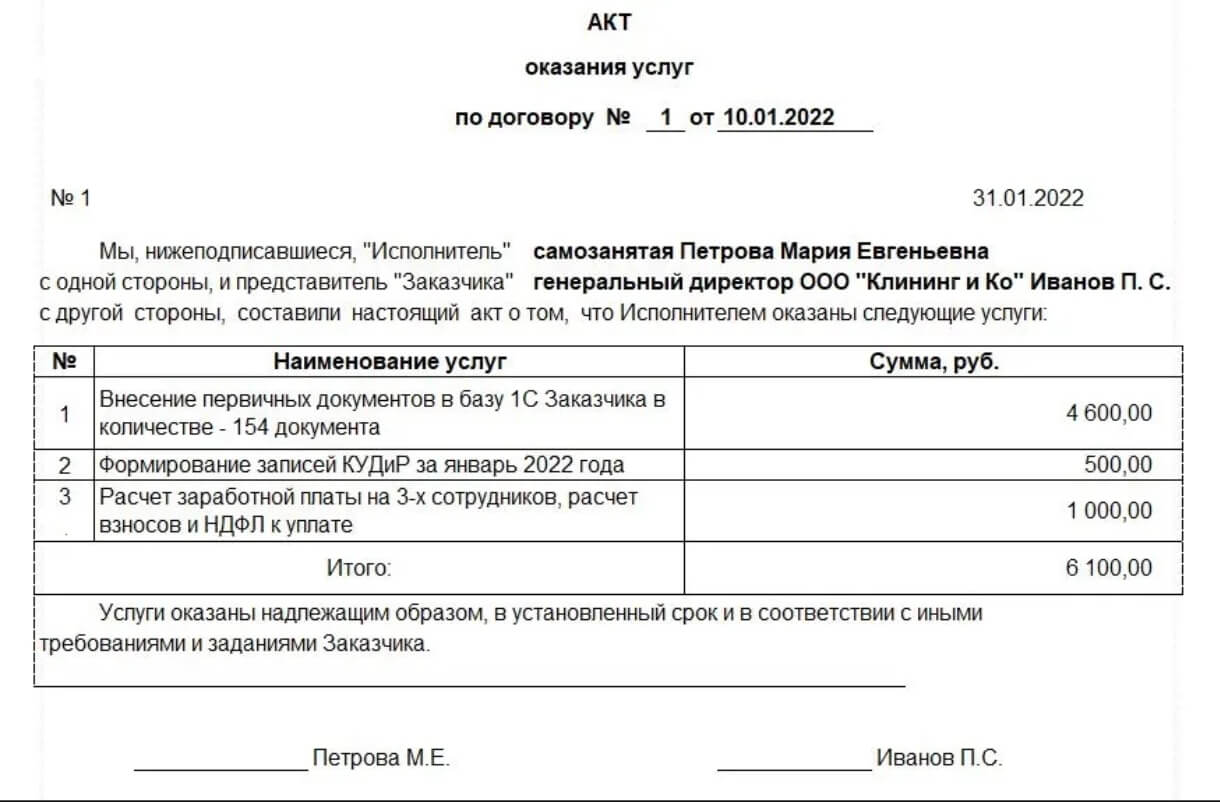 Пример акта оказанных услуг