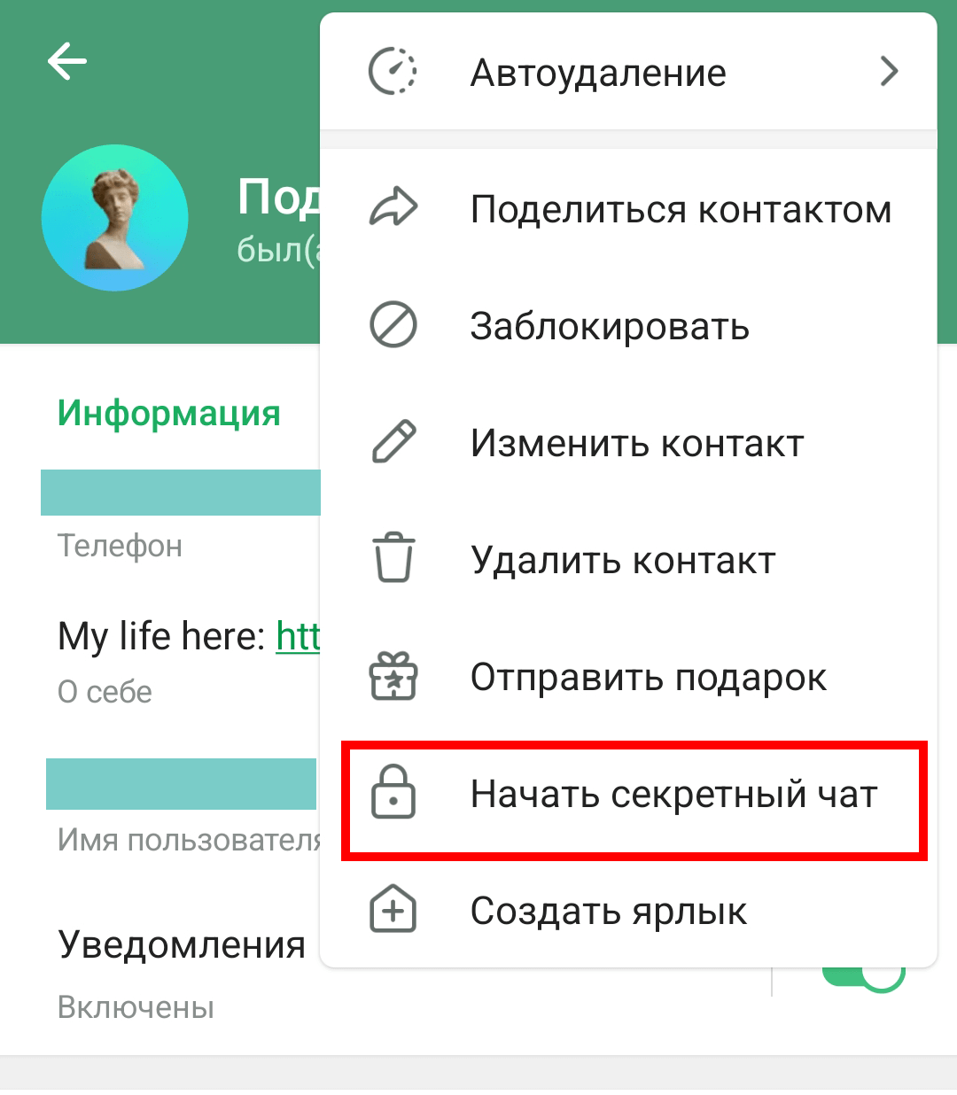 Функция «Начать секретный чат»