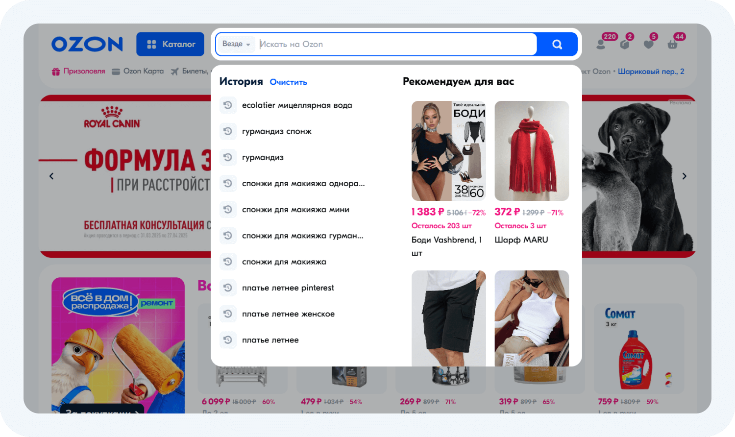 История поисковых запросов в Озоне