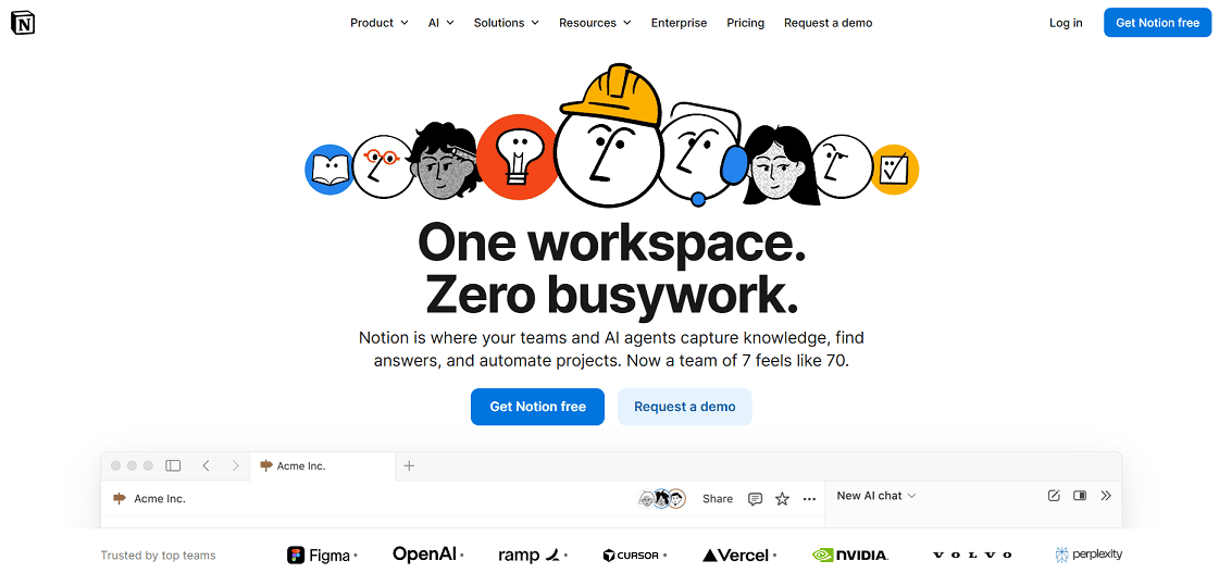 Шрифт Интер в интерфейсе сайта Notion