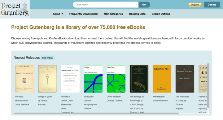 Стартовая страница Project Gutenberg