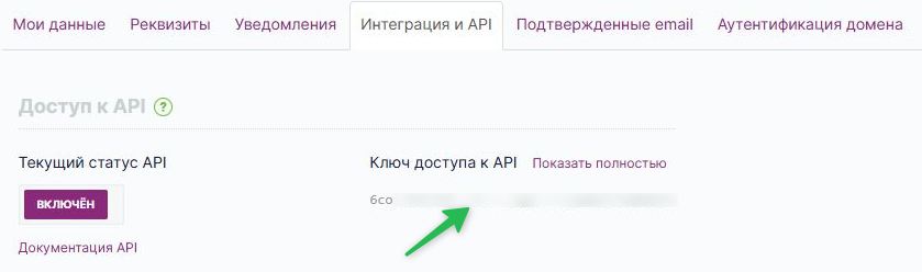 Как скопировать API-ключ.