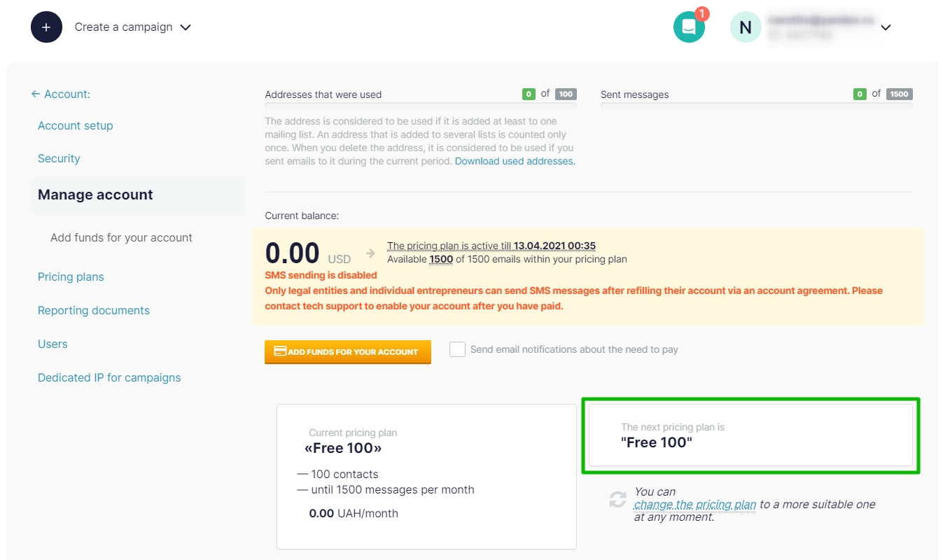 The Free 100 Plan is given as the next pricing plan for the upcoming period.