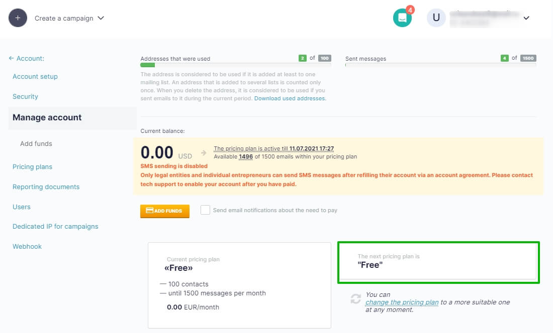 The Free 100 Plan is given as the next pricing plan for the upcoming period.