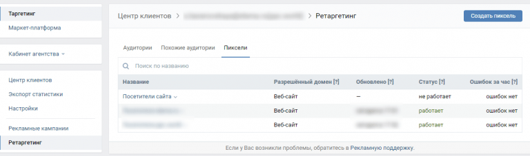 Личный кабинет рекламодателя во ВКонтакте, раздел «Ретаргетинг»