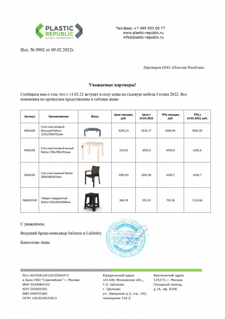 Письмо от ООО «Пластик Репаблик»