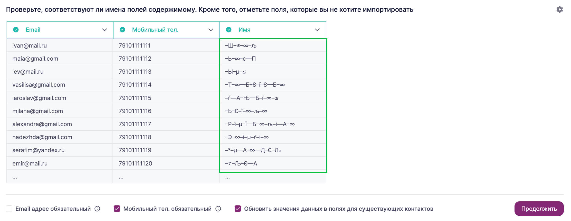 Ошибка отображения данных при неправильной кодировке файла.