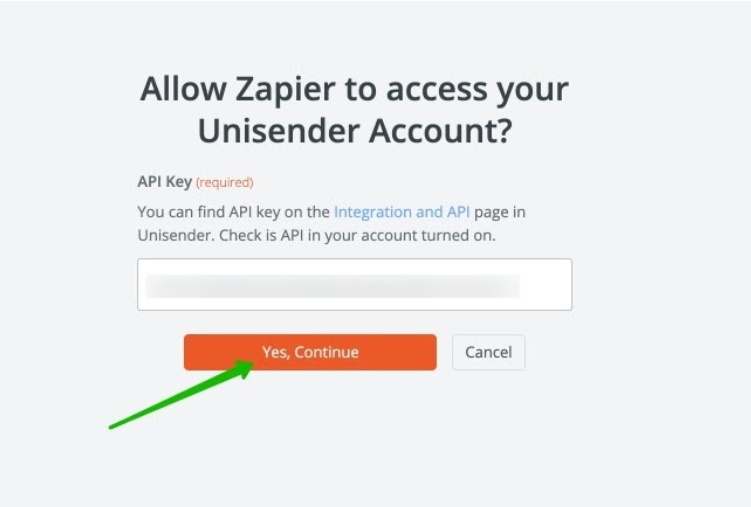 Добавление API-ключа UniSender в Zapier.