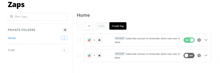 Созданная интеграция доступна в личном кабинете Zapier.
