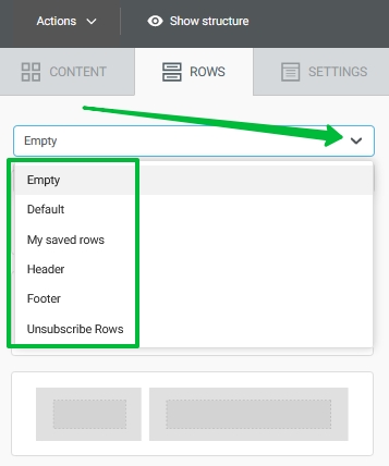 Where to find saved rows templates in the builder