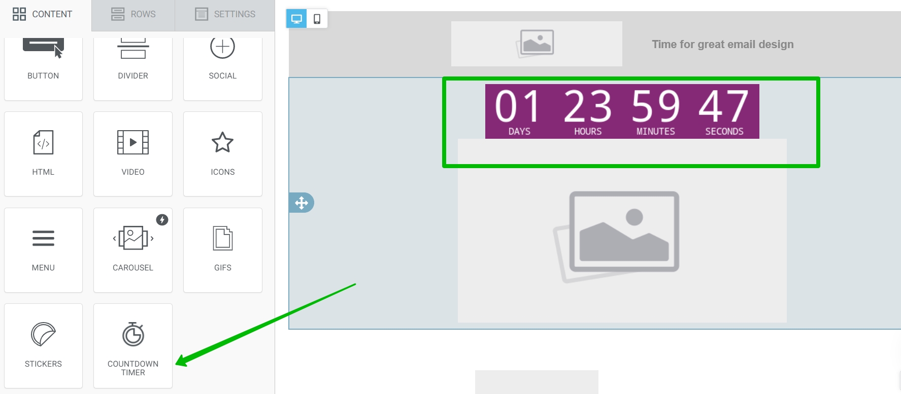 Unisender email builder blocks include a countdown timer.