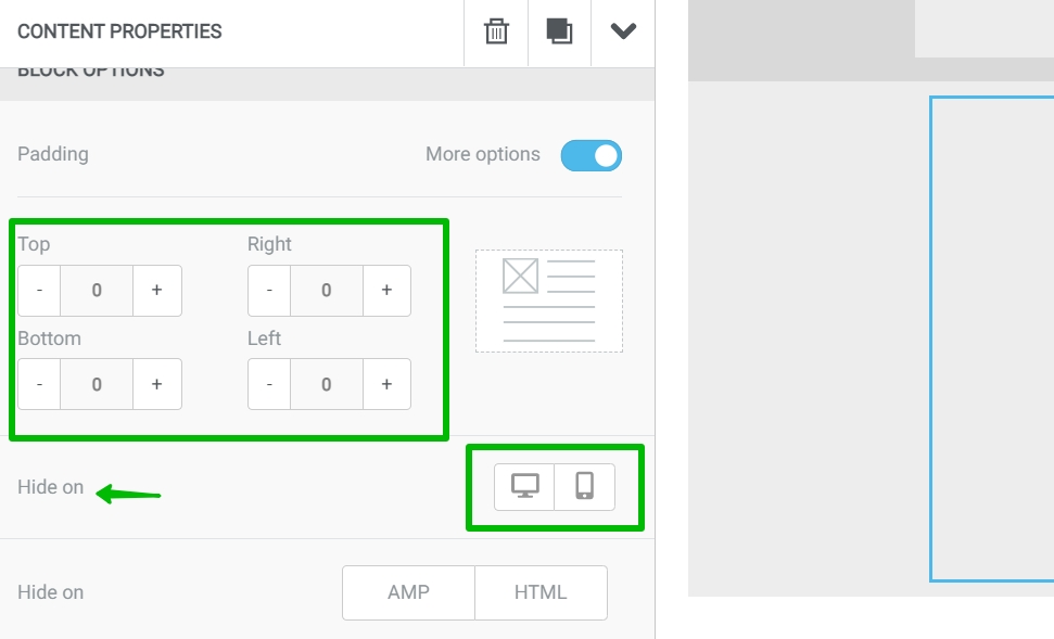 Unisender indentation settings for desktop and mobile devices.