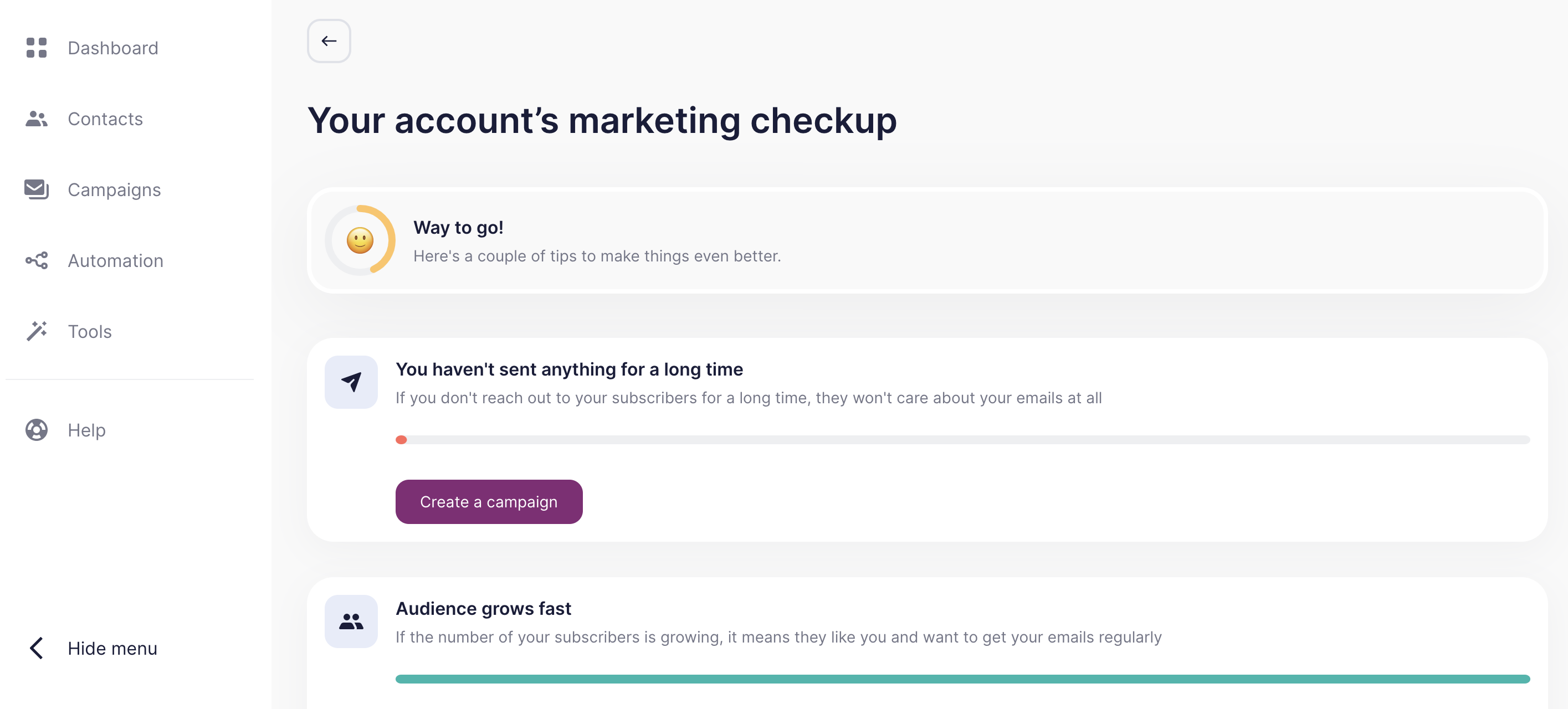 Unisender marketing checkup tool dashboard