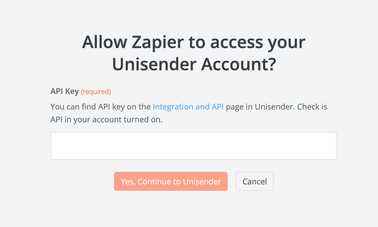 Поле для ввода API-ключа от Unisender.