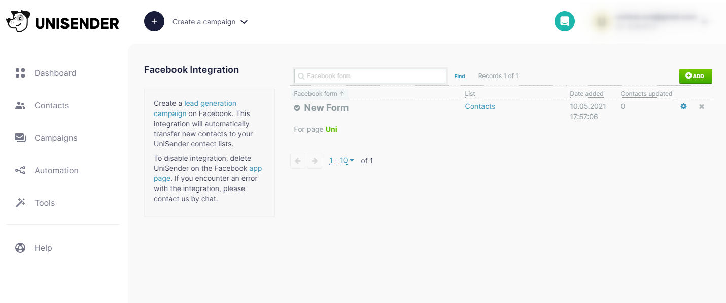 The form will be displayed in your list of integrations