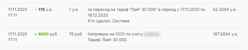 Пример системного сообщения об успешной активации тарифа.